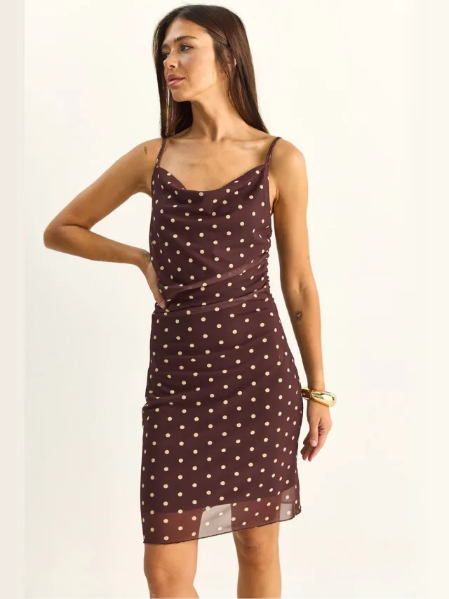 Bianco Lucci Polka Dot Bodycon Midi-jurk met Sleehals Bordeauxrood