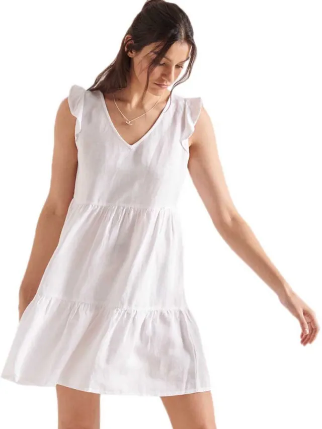Superdry Tinsley Tiered Mouwloze Korte Jurk Wit L Vrouw Optic
