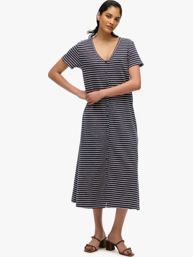 Superdry Jersey midi-jurk met korte mouwen en knoopsluiting - Dames - Jurken navy optic stripe