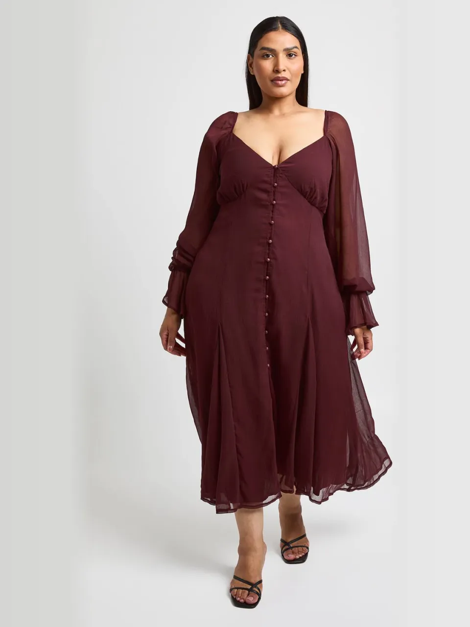 boohoo Dames Plus Getextureerde Chiffon Godet Zoom Midi Jurk chocoladebruin, foto 3