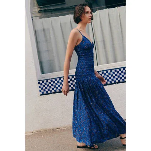 Mango maxi jurk met print en smockwerk marineblauw, foto 4