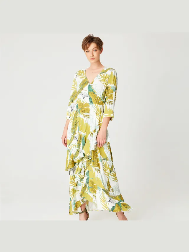 Smart & Joy Tropische print frisse midi -jurk met kruisbuste Geel