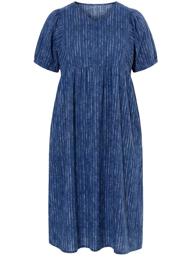Ulla Popken Dames - Midi-jurk voile A-lijn V-hals korte mouwen - Blauwe bes - Maat 62+