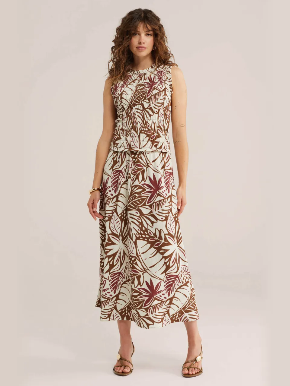WE Fashion midi jurk met print - bruin Bruin/rood/wit