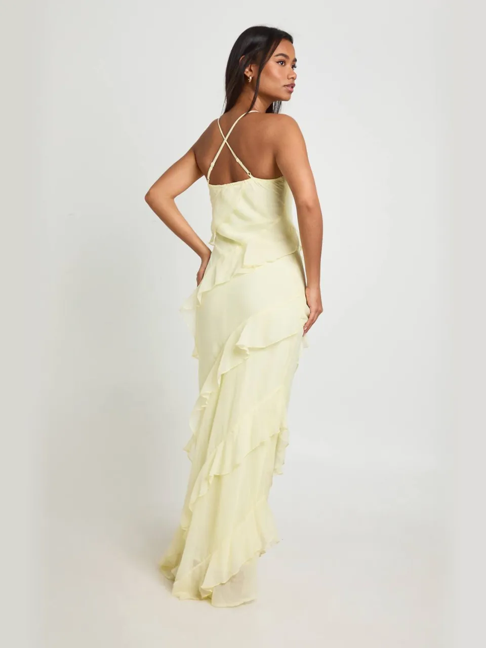 boohoo Dames Chiffon Maxi Jurk Met Ruche Detail citroen, foto 2