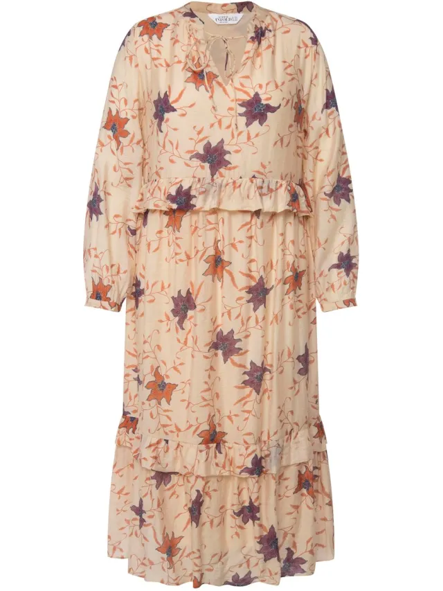 Studio Untold Dames - maxi jurk A-lijn bloemenprint ruches tuniekhals - Lichtchampagne - Maat 46+