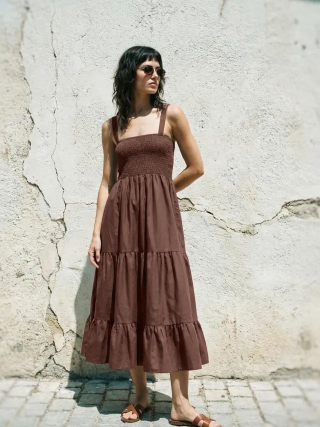 Trendyol TRENDYOLMİLLA Dames Bruin Effen Maxi Mouwloos Avond / Dagelijks Skater Jurken