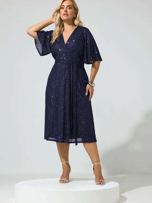 Yours London Marineblauwe Wikkeljurk Met Pailletten Blue