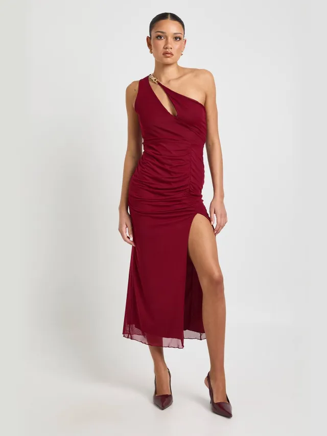 boohoo Dames Uitgesneden Éen-schouder Mesh Midaxi Jurk Bordeaux Rood