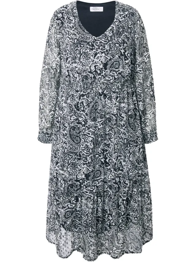 Studio Untold Dames - Midi-jurk A-lijn structuur met paisley - Zwart - Maat 46+