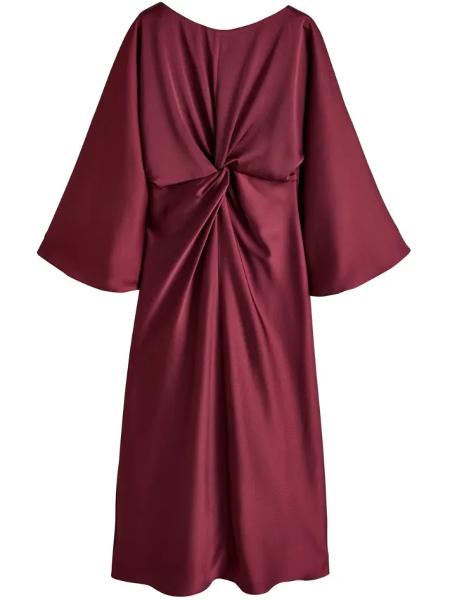 Next Dames - Maxi-jurk van satijn met gedraaide voorkant en lange mouwen - Rood Burgundy Red