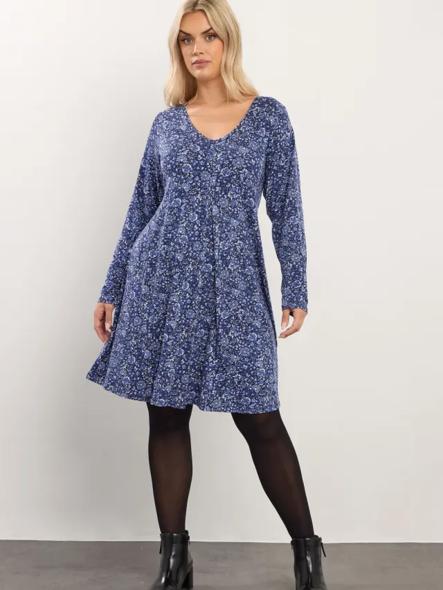 Yours Blauwe Jurk Met Bloemenprint En Plooien Aan De Voorkant Blue