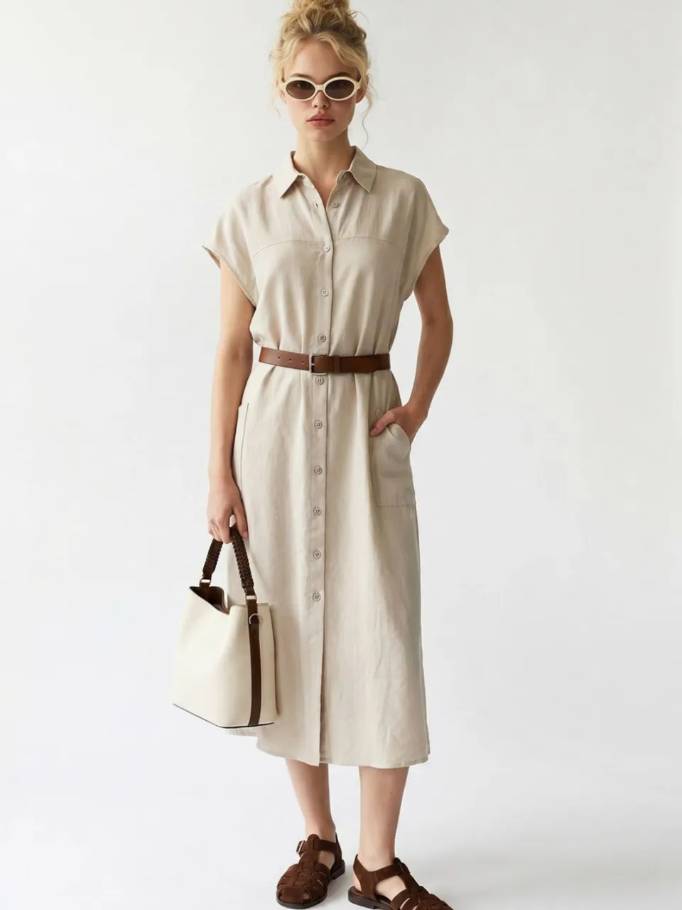 Mixray Geveste Midi Overhemdjurk beige, foto 2