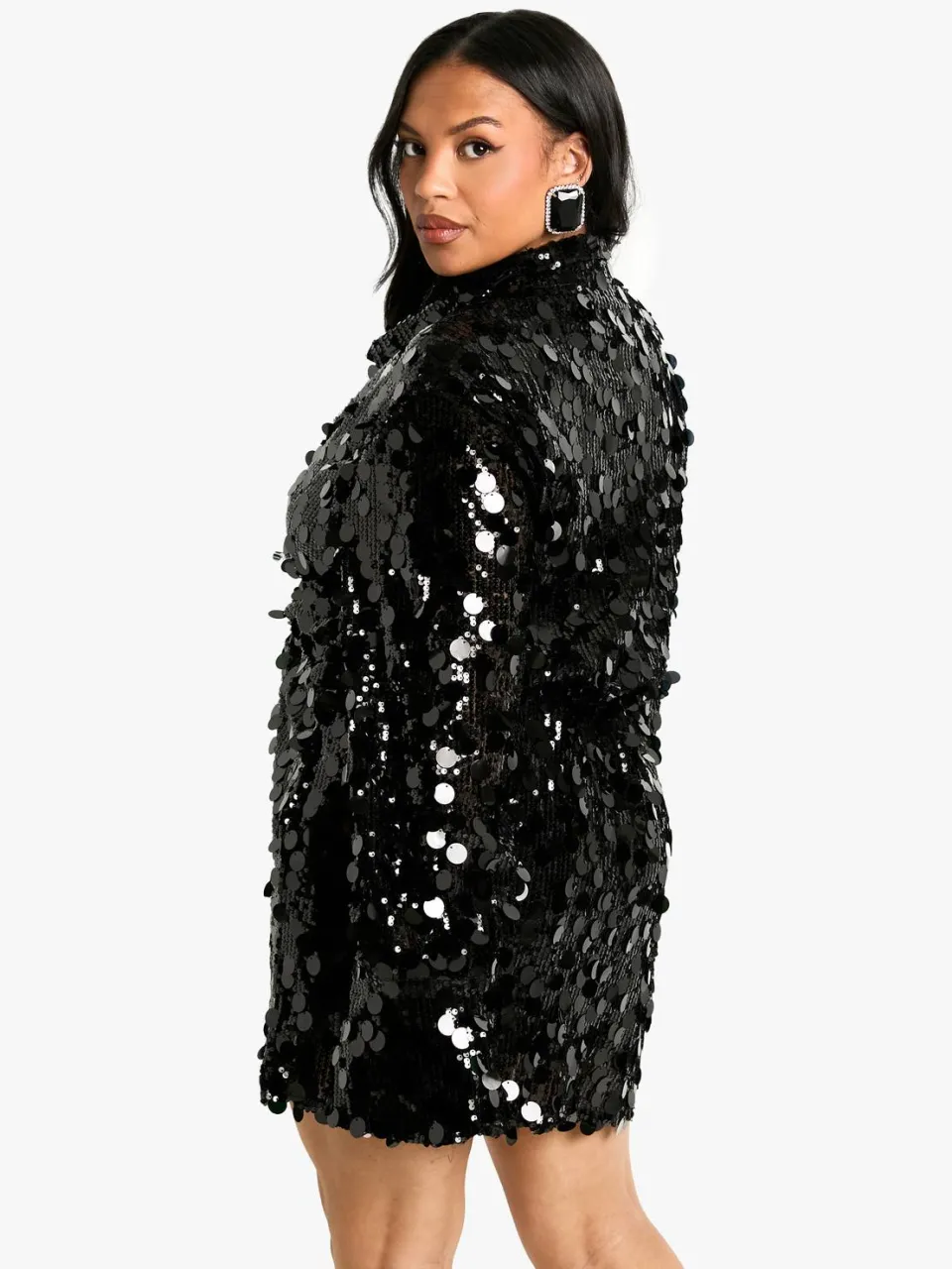 boohoo Dames Plus Pailletten Diepe Hals met Kraagdetail Mini Jurk zwart, foto 2