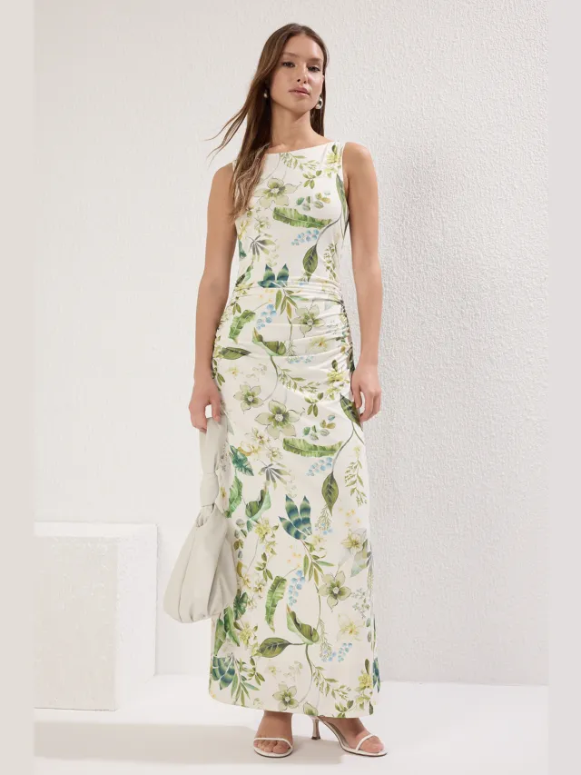 Trendyol TRENDYOLMİLLA Dames Ecru Bloemen Maxi Mouwloos Avond / Dagelijks A-lijn Jurken