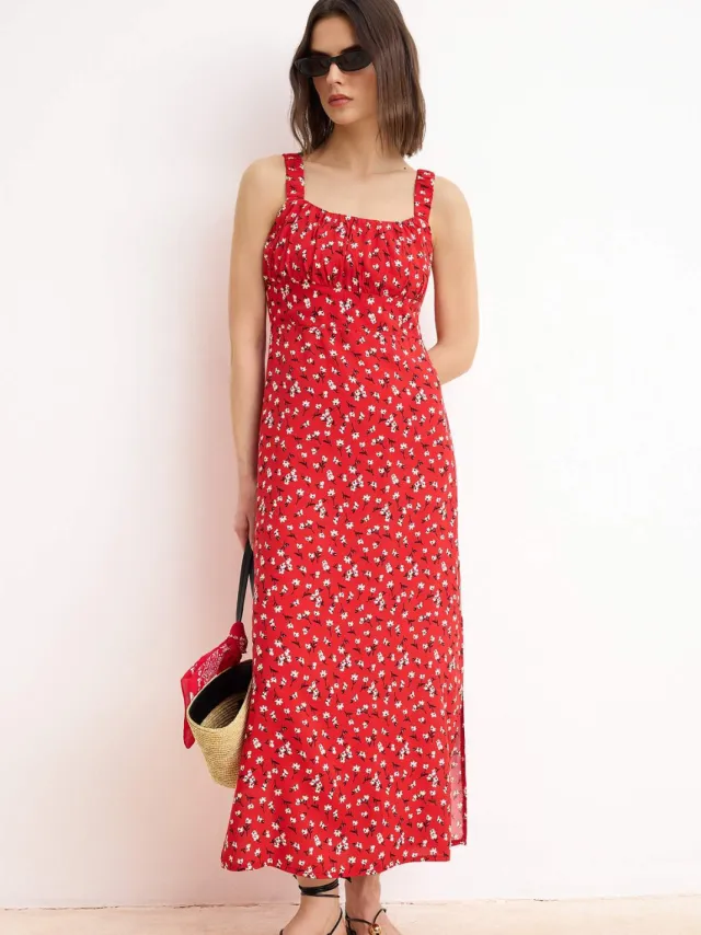 Trendyol TRENDYOLMİLLA Dames Rood Bloemen Maxi Mouwloos Casual A-lijn Jurken, foto 2