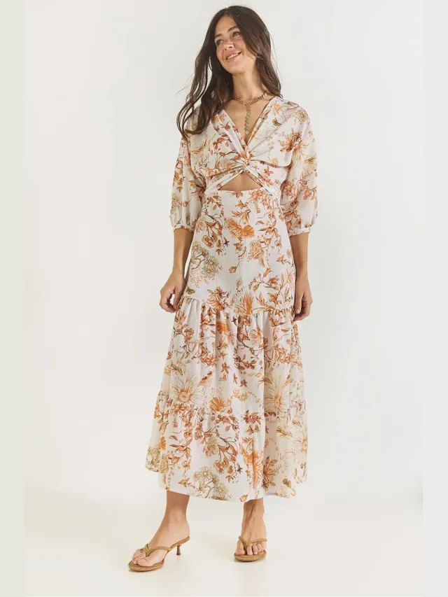 Bianco Lucci V-hals Bloemen Maxi Jurk met Strik Oranje