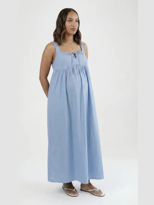boohoo Dames Zwangerschaps Maxi Jurk Met Strikdetail Vooraan Babyblauw