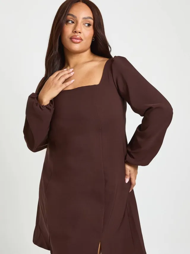 boohoo Dames Plus Volume Mouw Fit & Flare Mini Jurk Chocoladebruin