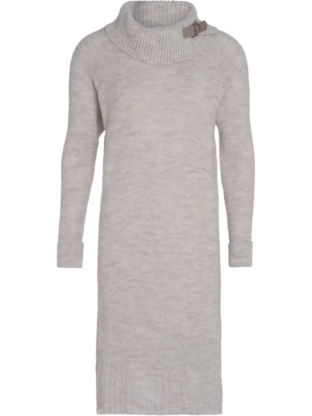 Knit Factory Jamie Gebreide Dames Jurk - Trui jurk dames - Wollen jurk - Herfst- & winterjurk - Wijde jurk - Met warme opstaande kraag - Beige - 40/42 - Knielengte