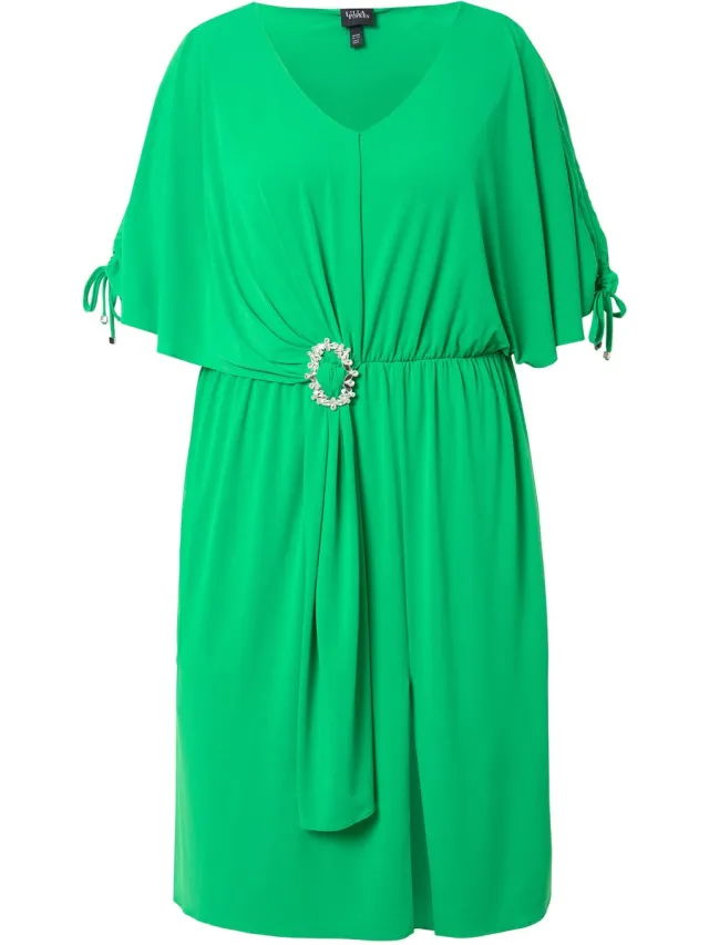 Ulla Popken Dames - Midi-jurk oversized mooie gesp mouwen met rimpelband - Grasgroen - Maat 46+