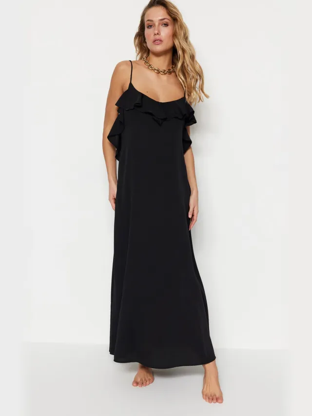 Trendyol TRENDYOLMİLLA Dames Zwart Bloemen Maxi Mouwloos Strandkleding Recht Strandjurken
