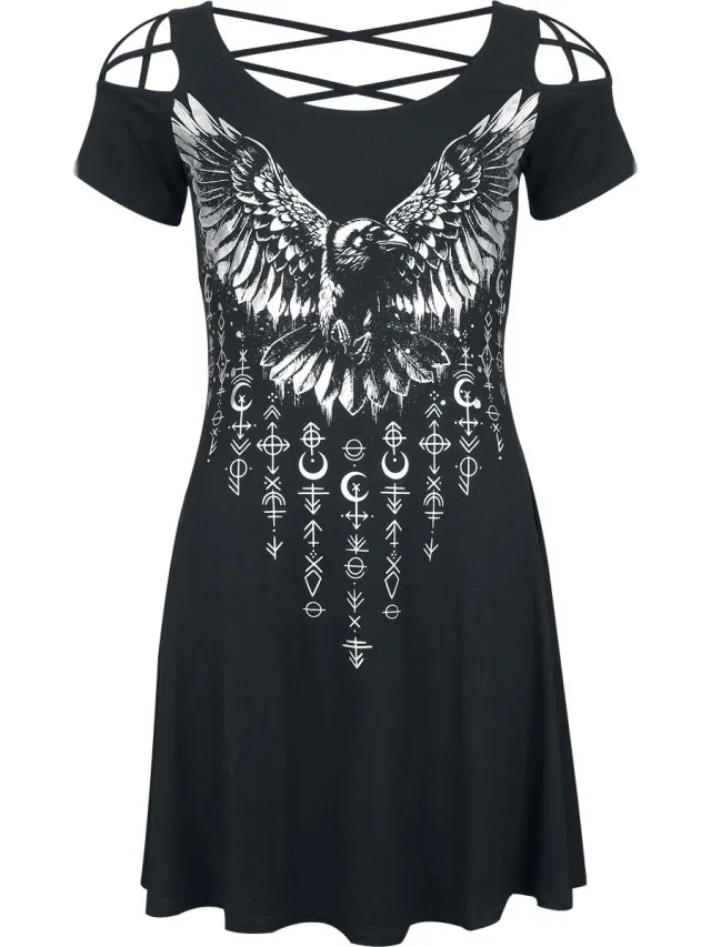 Black Premium by EMP zwarte korte jurk met ravenprint vooraan - Dames