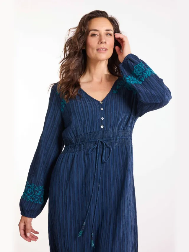 Didi blousejurk met borduursels en ceintuur - donkerblauw