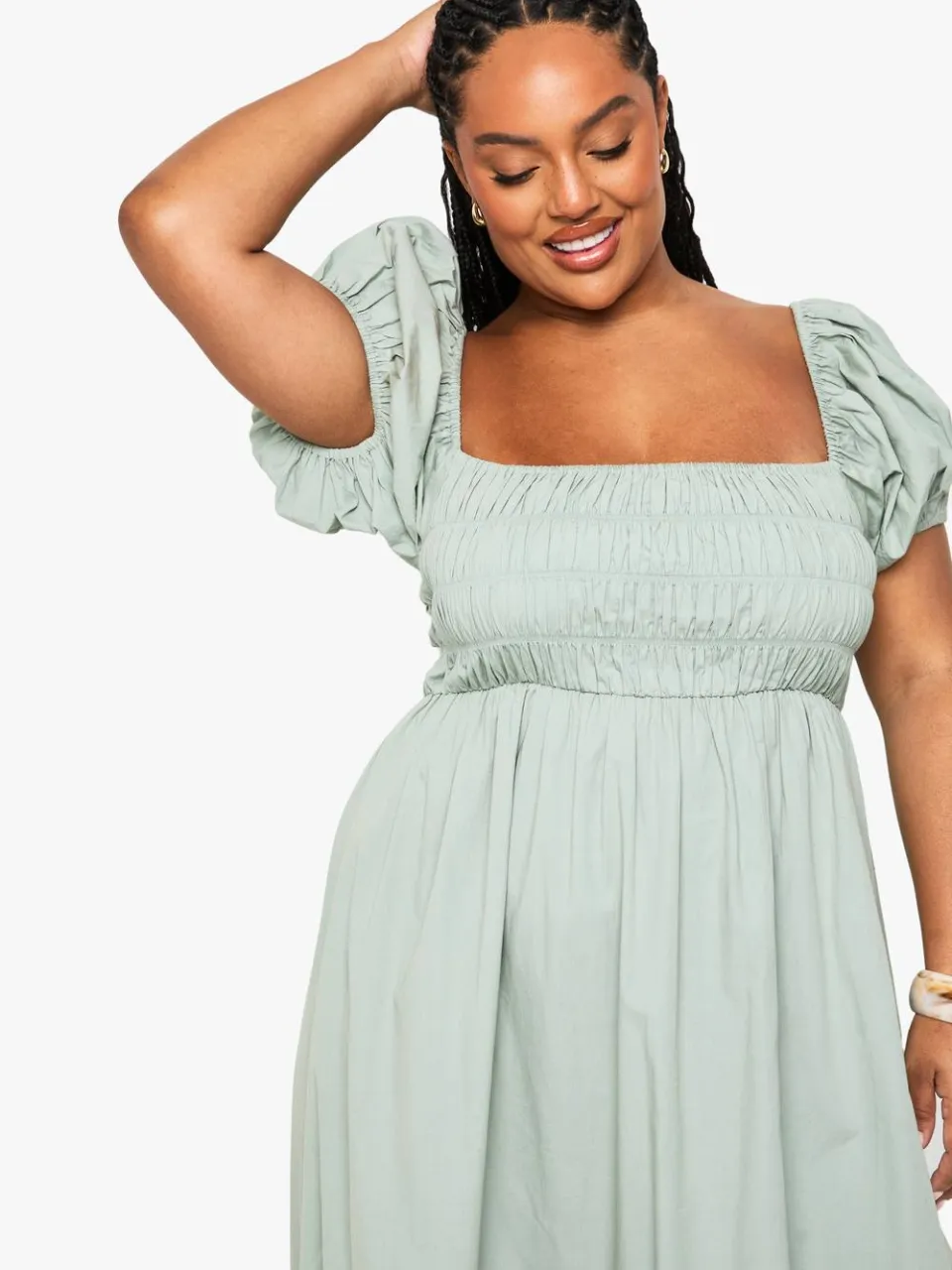 boohoo Dames Plus Cotton Poplin Maxi-jurk met Pofmouwen verstandig, foto 4