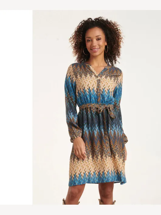 Smashed Lemon 24643 multicolour zigzagprint jurk Blauw