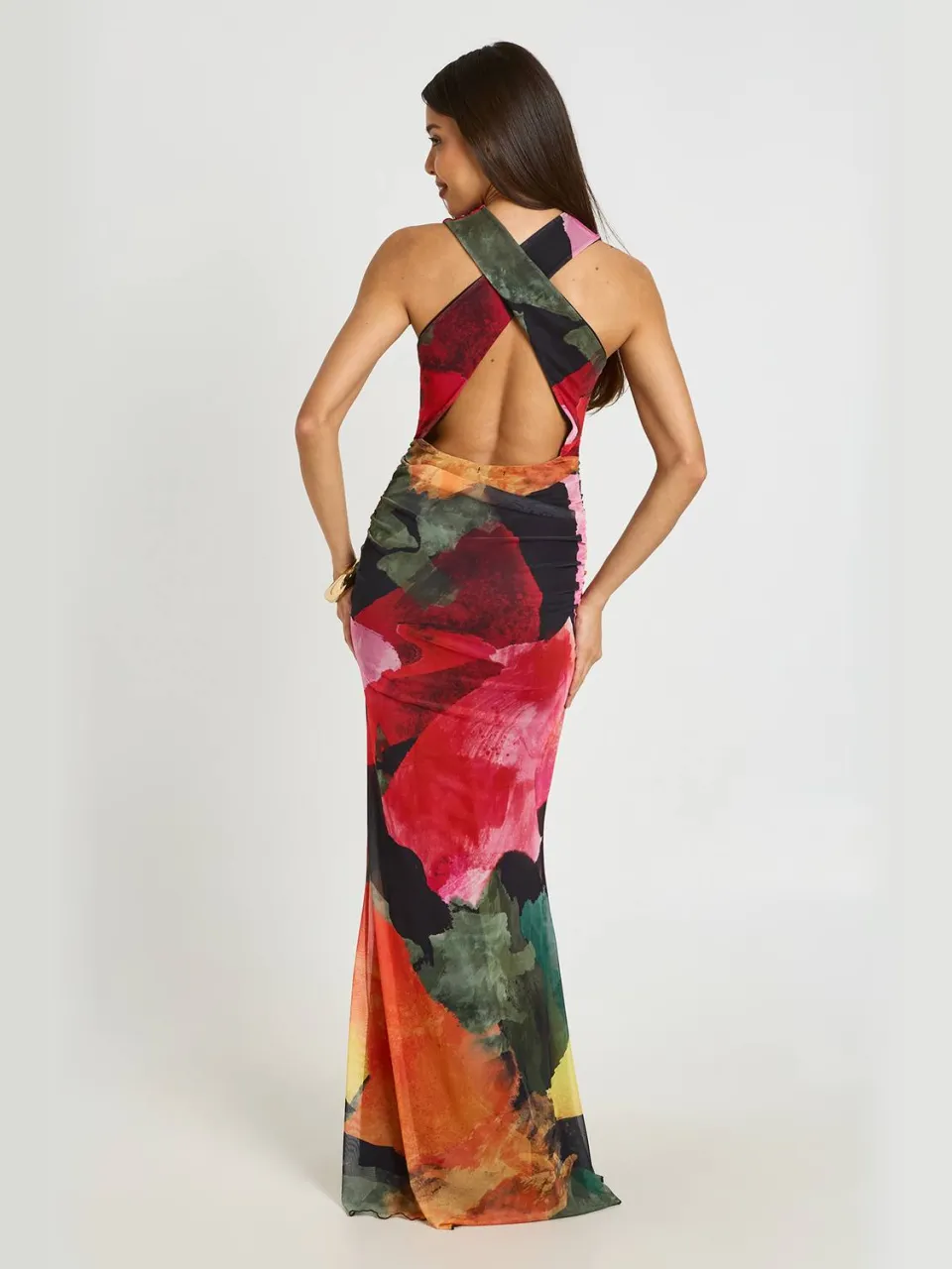 boohoo Dames Felgekleurde Gebloemde Maxi-jurk Met Gerimpeld Lijfje En Open Rug zwart, foto 2