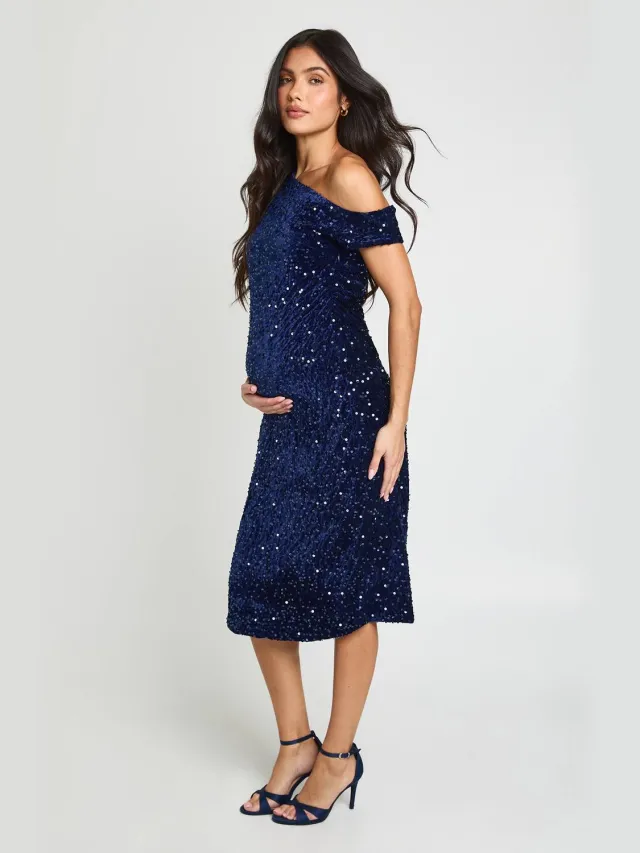 boohoo Dames Zwangerschaps Fluwelen Pailletten Asymmetrische Bardot Geplooid Midi Jurk Marineblauw