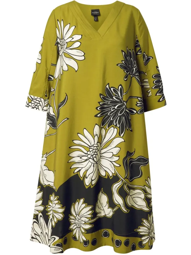 Ulla Popken Dames - Lyocell midi-jurk bloemen V-hals 3/4-mouwen - Mosterdgroen - Maat 58+