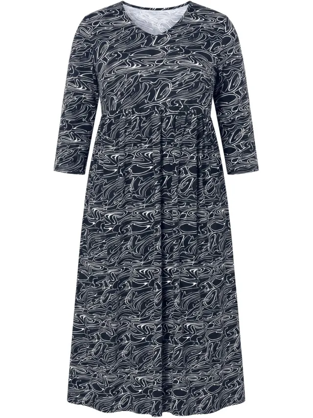 Ulla Popken Dames - Maxi-jurk met print V-hals 3/4 mouwen zakken - Zwart - Maat 46+