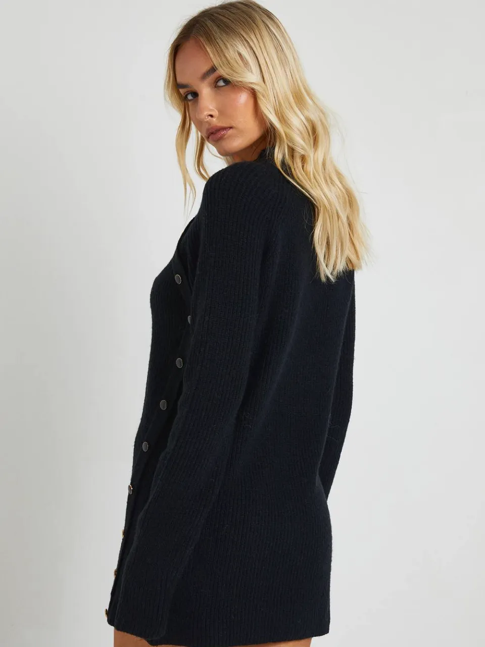 boohoo Dames Knopdetail Gebreide Mini Jurk zwart, foto 3
