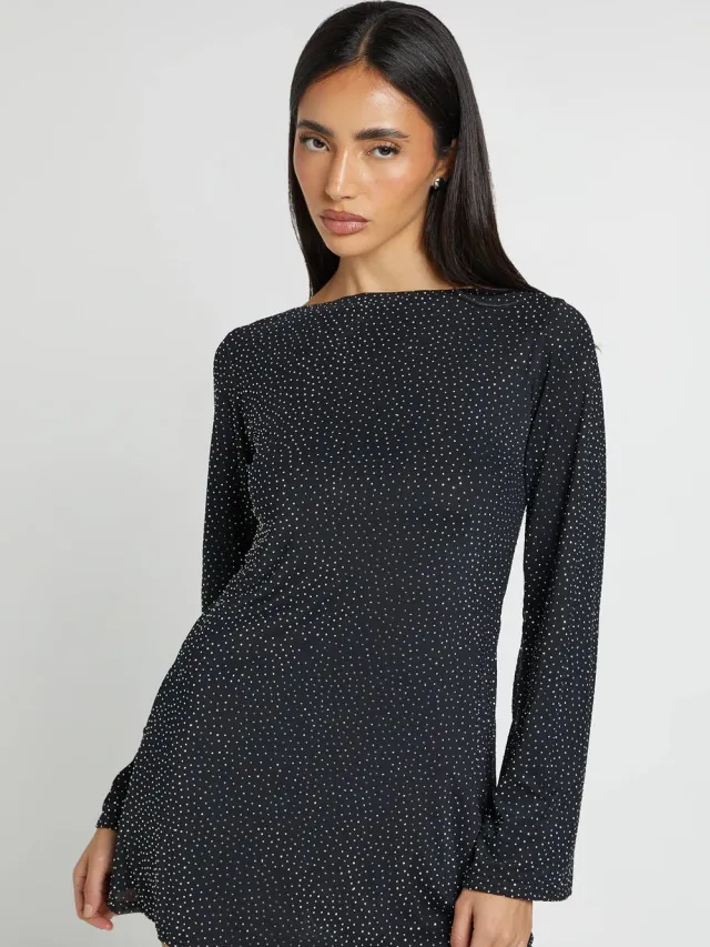 boohoo Dames Hotfix Uitlopende Mouw Lage Rug Mini Jurk zwart, foto 2