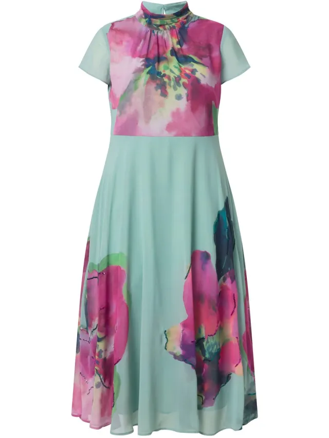 Ulla Popken Dames - Maxi-jurk bloemen pailletten opstaande kraag mouwloos - Bes