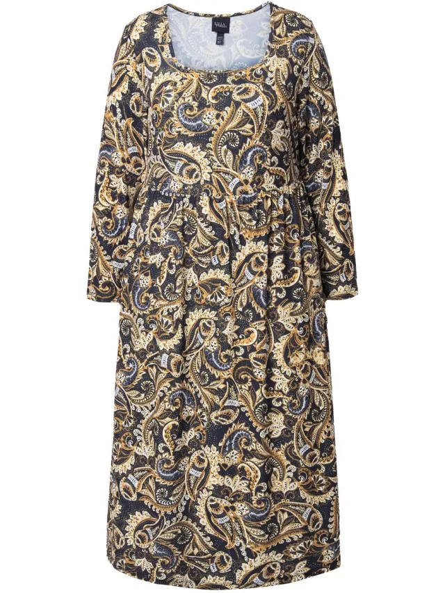 Ulla Popken Dames - Maxi-jurk paisley A-lijn carréhals lange mouw - Zwart - Maat 50+