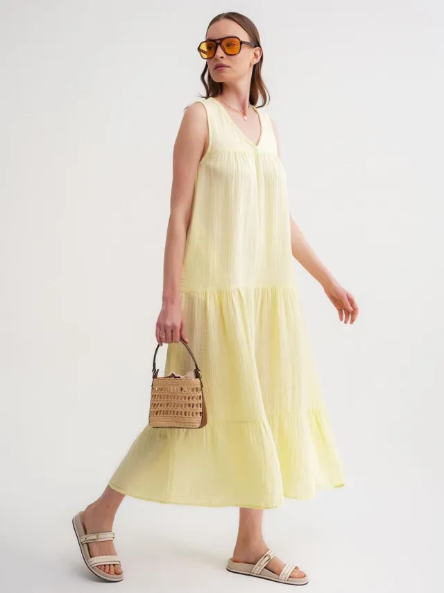 Mixray Mouwloze V-hals Muslin Midi-jurk met zakken Geel