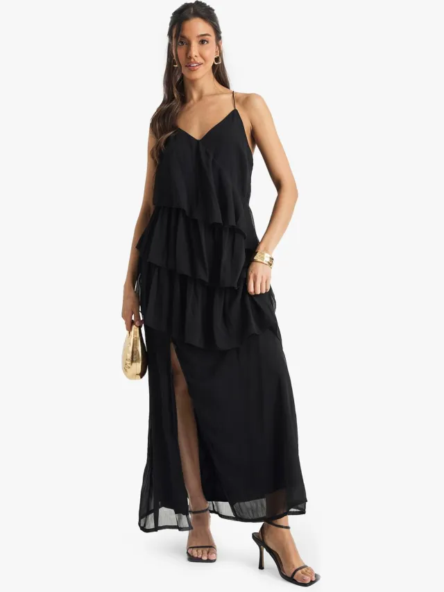 boohoo Dames Chiffon Ruffle Crossback Midaxi Jurk Zwart