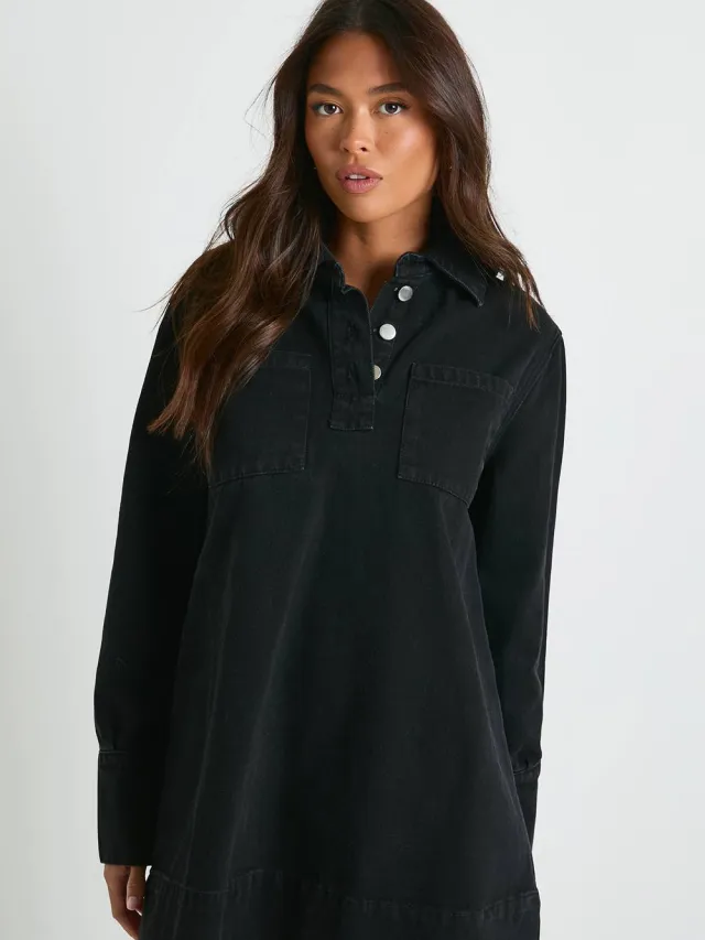 boohoo Dames Denimjurk met lange mouwen Washed Black