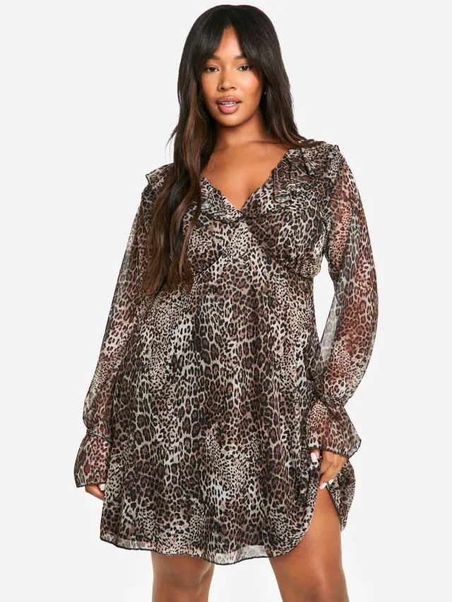 boohoo Dames Plusmaat Luipaard Ruffle Smock Jurk Luipaardprint