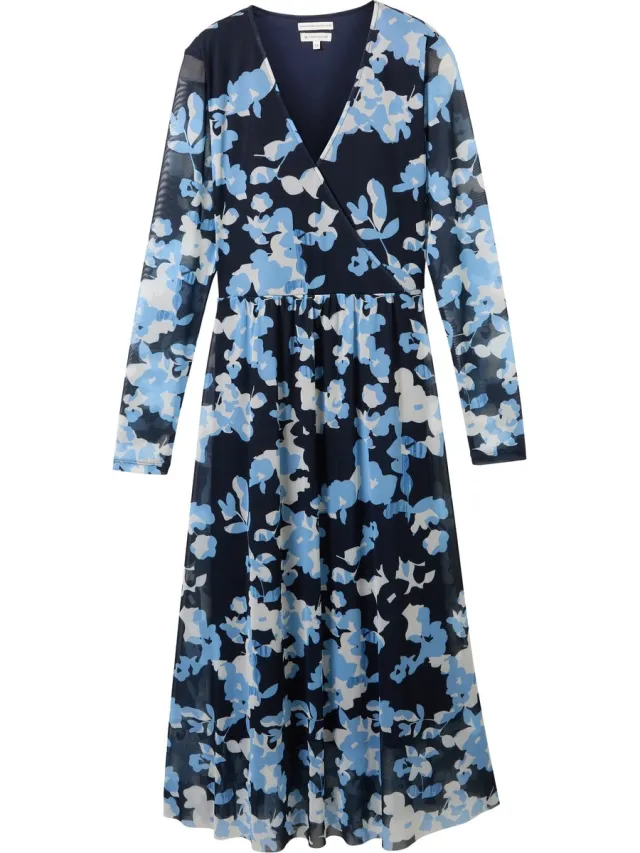 Tom Tailor wrapped mesh dress printed Dames Jurk blue cut floral design