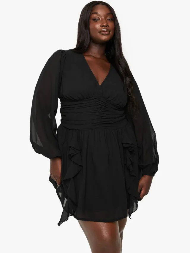 boohoo Dames Plus Chiffon Ruffle Skater Jurk Zwart