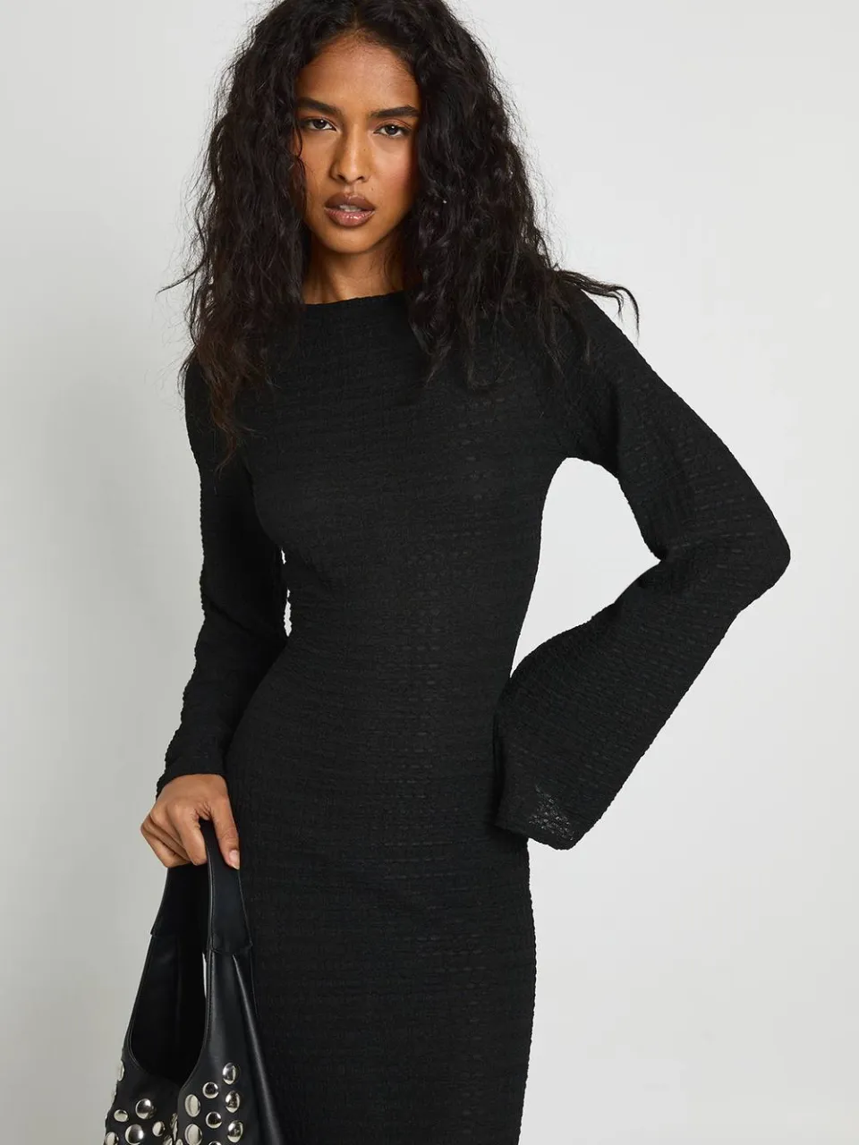 boohoo Dames Gestructureerde columnjurk met lange mouwen Black
