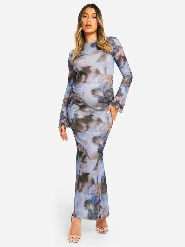 boohoo Dames Zwangerschapsjurk met abstracte print, geplooide zoom, lange mouwen en maxi-lengte Grijs