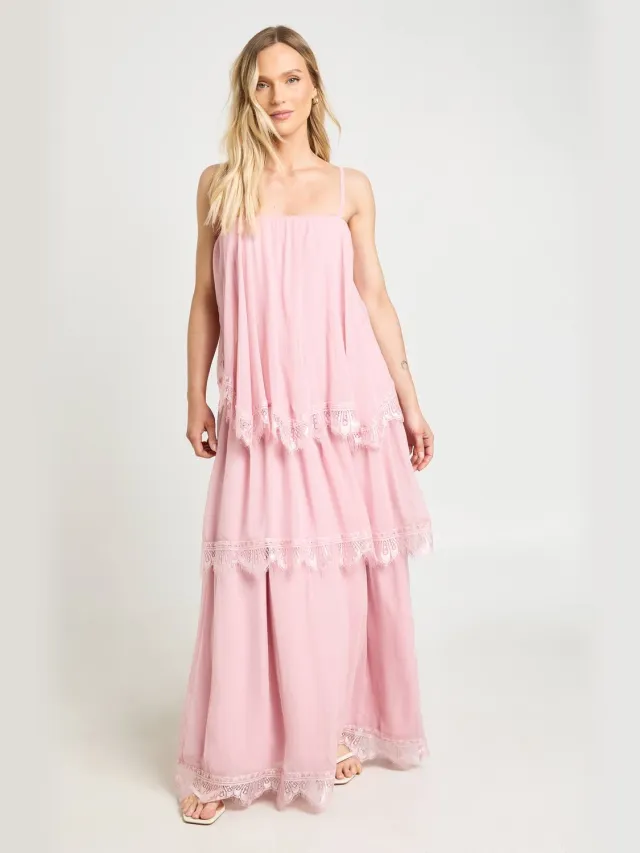 boohoo Dames Petite Gekreukte Chiffon & Kant Gelaagde Maxi Jurk Stoffig Roze