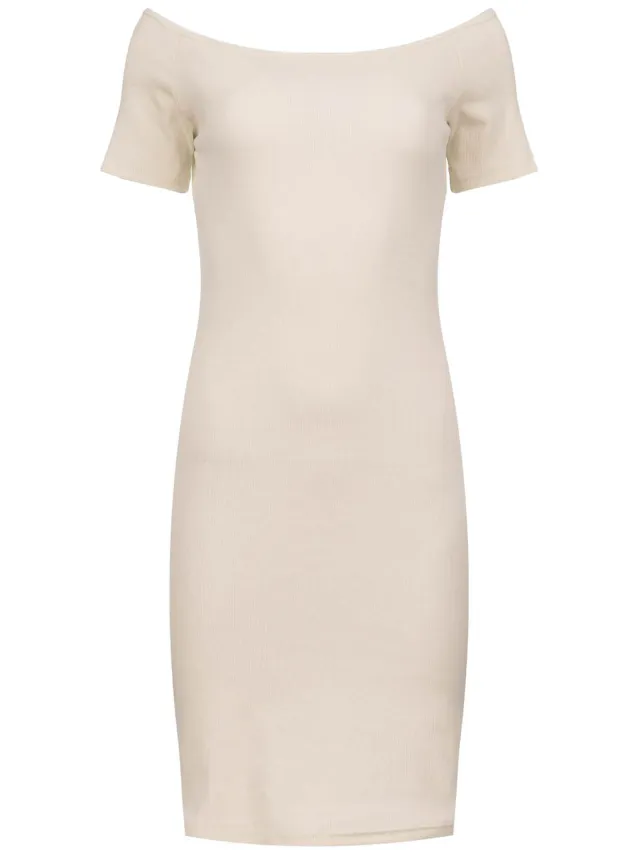 Conquista Crème Beige Off-Shoulder Nauwsluitende Jurk Ivoor