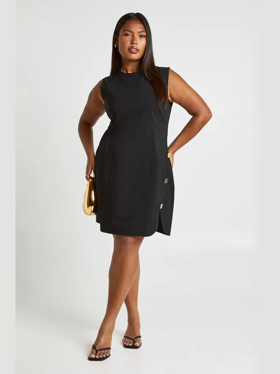 boohoo Dames Plus mouwloze gouden knoop shiftjurk, foto 3