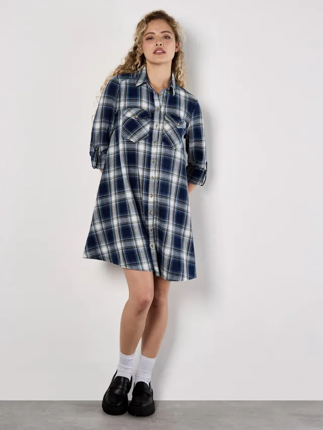 Apricot Mini-jurk van gewassen geruite westernhemdstof Blauw